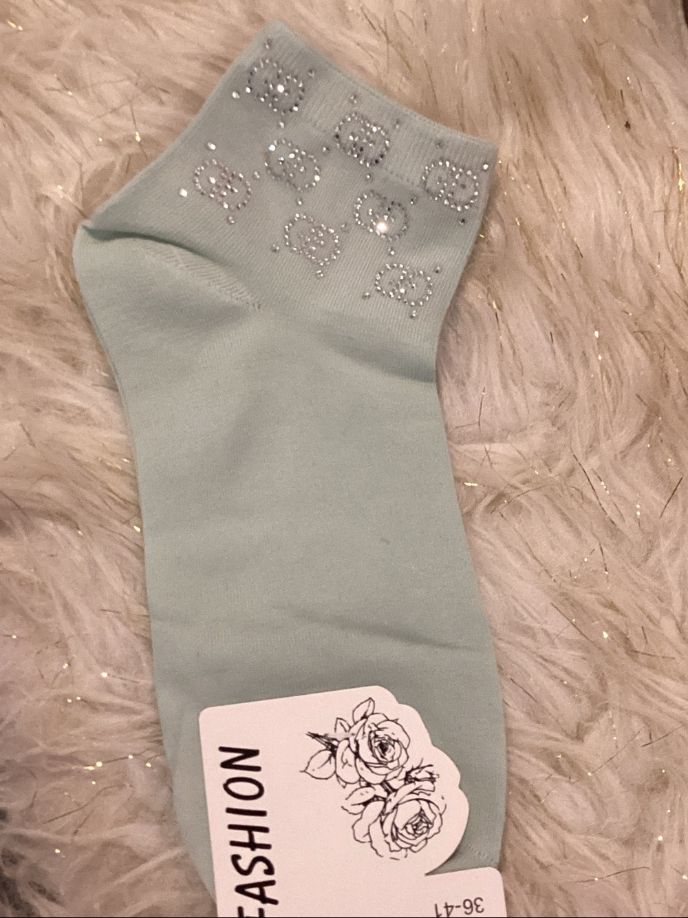 Women's Mint Ankle Socks with Decorative Rhinestones
